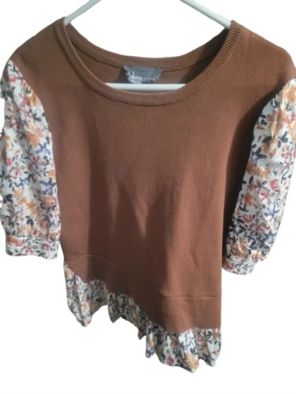 Anthropologie Brown Knit Top with Floral Puff Sleeves